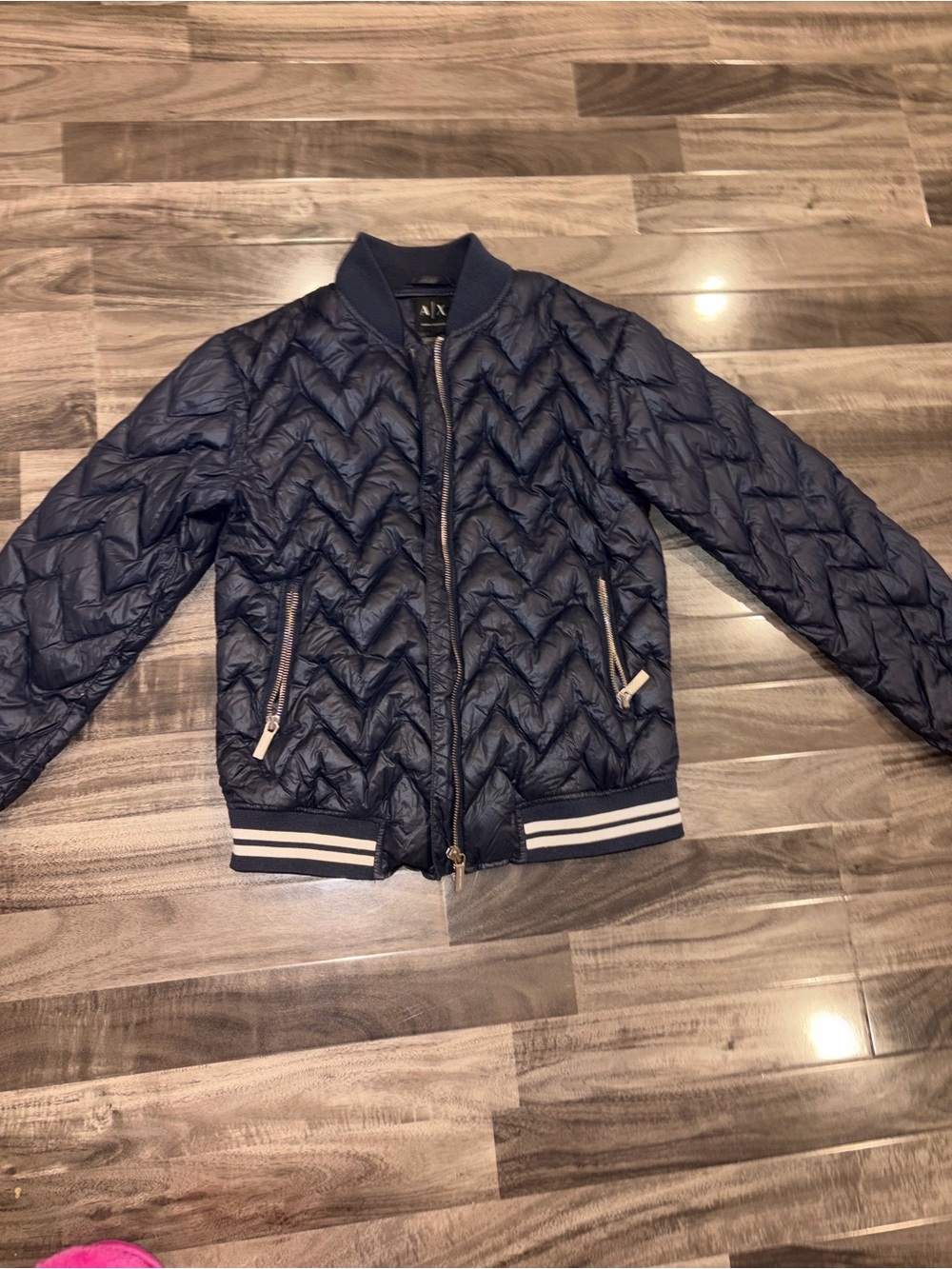 Armani Exchange Navy Quilted Jacket with Ribbed Collar